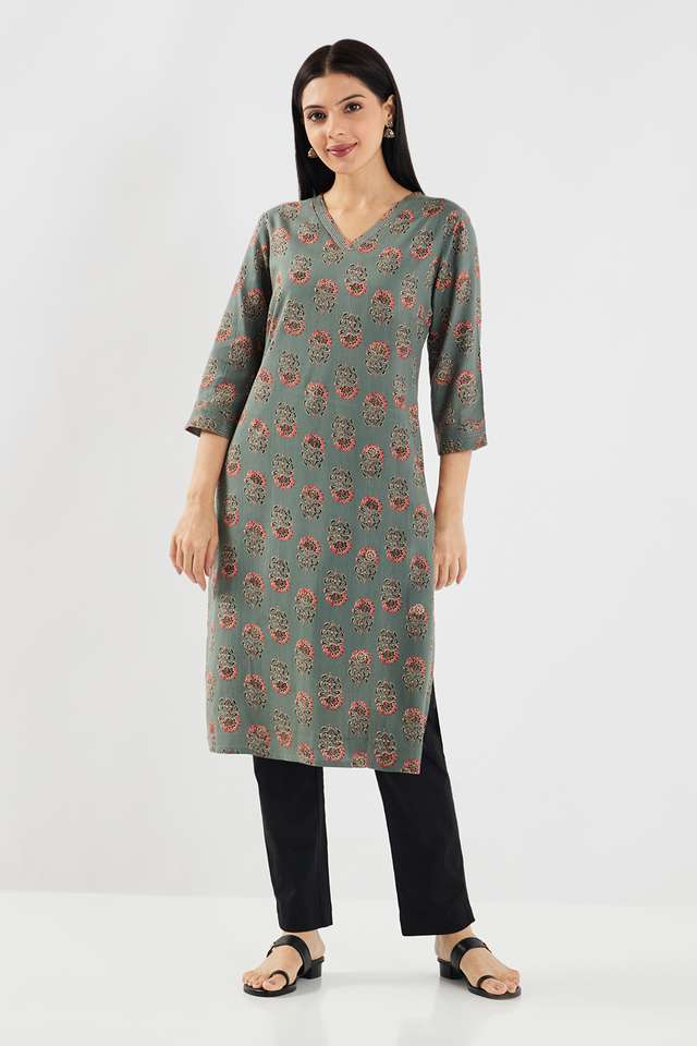 Printed-Rayon-V-Neck-Women-s-Casual-Wear-Kurta
