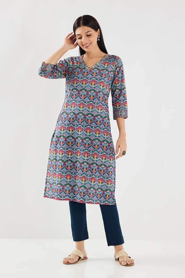 Printed-Cotton-V-Neck-Women-s-Casual-Wear-Kurta
