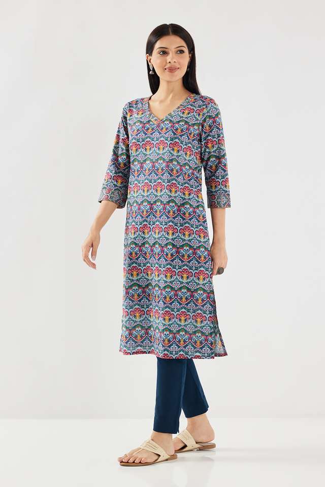 Printed-Cotton-V-Neck-Women-s-Casual-Wear-Kurta
