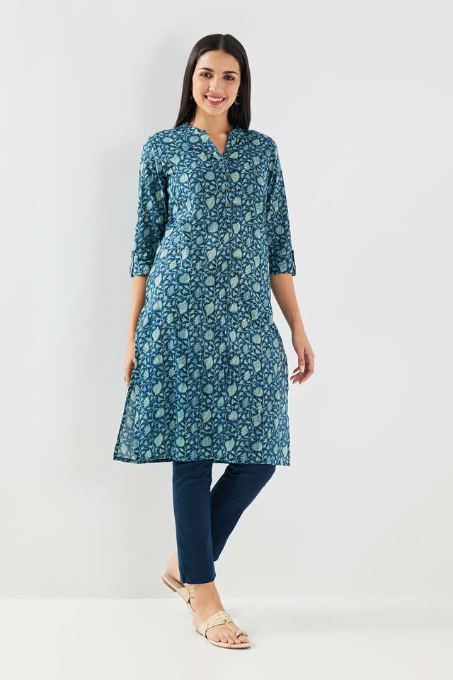 Printed-Blended-Fabric-Mandarin-Collar-Women-s-Casual-Wear-Kurta