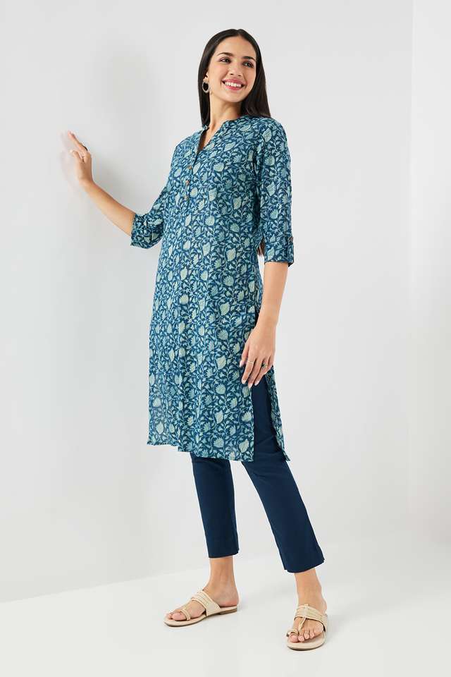 Printed-Blended-Fabric-Mandarin-Collar-Women-s-Casual-Wear-Kurta