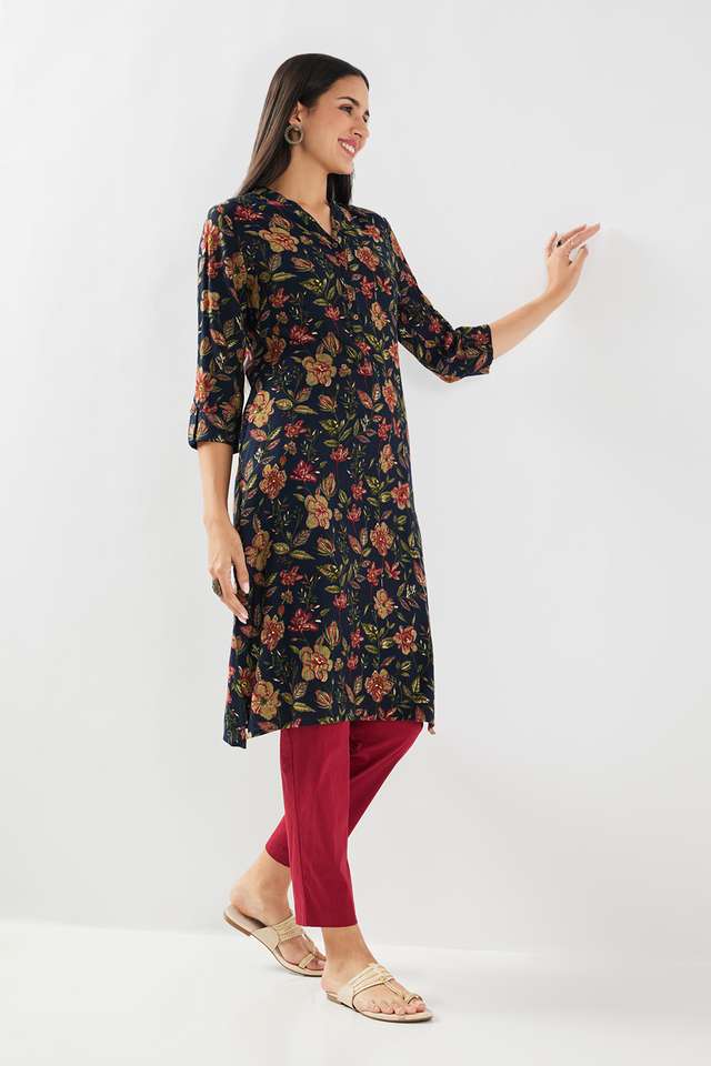 Floral-Blended-Fabric-Mandarin-Collar-Women-s-Casual-Wear-Kurta