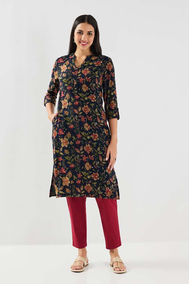 Floral-Blended-Fabric-Mandarin-Collar-Women-s-Casual-Wear-Kurta