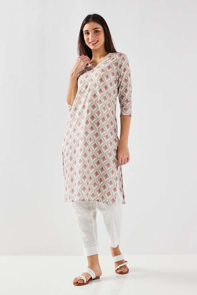 Printed-Blended-Fabric-V-Neck-Women-s-Casual-Wear-Kurta