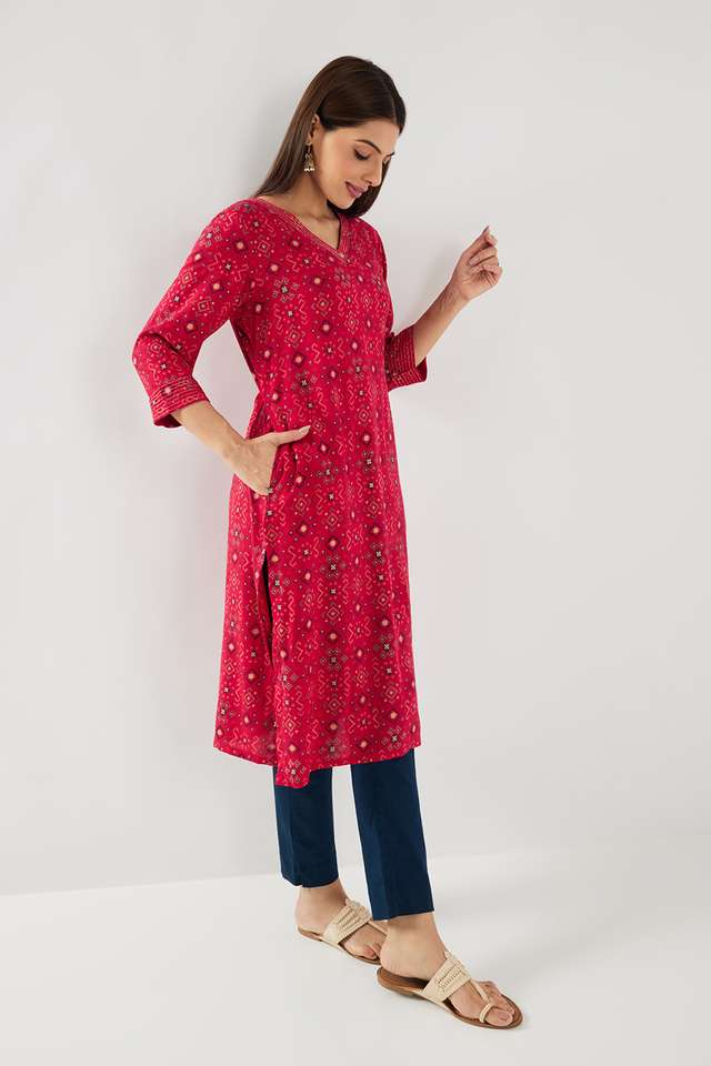 Printed-Rayon-V-Neck-Women-s-Casual-Wear-Kurta