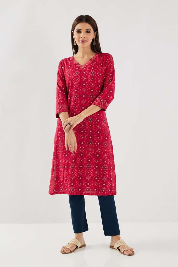 Printed-Rayon-V-Neck-Women-s-Casual-Wear-Kurta
