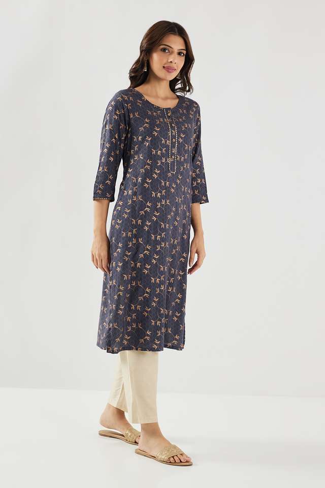 Printed-Rayon-Round-Neck-Women-Fusion-Wear-Kurta