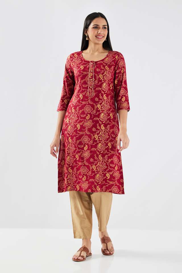 Printed-Rayon-Round-Neck-Women-Casual-Wear-Kurta