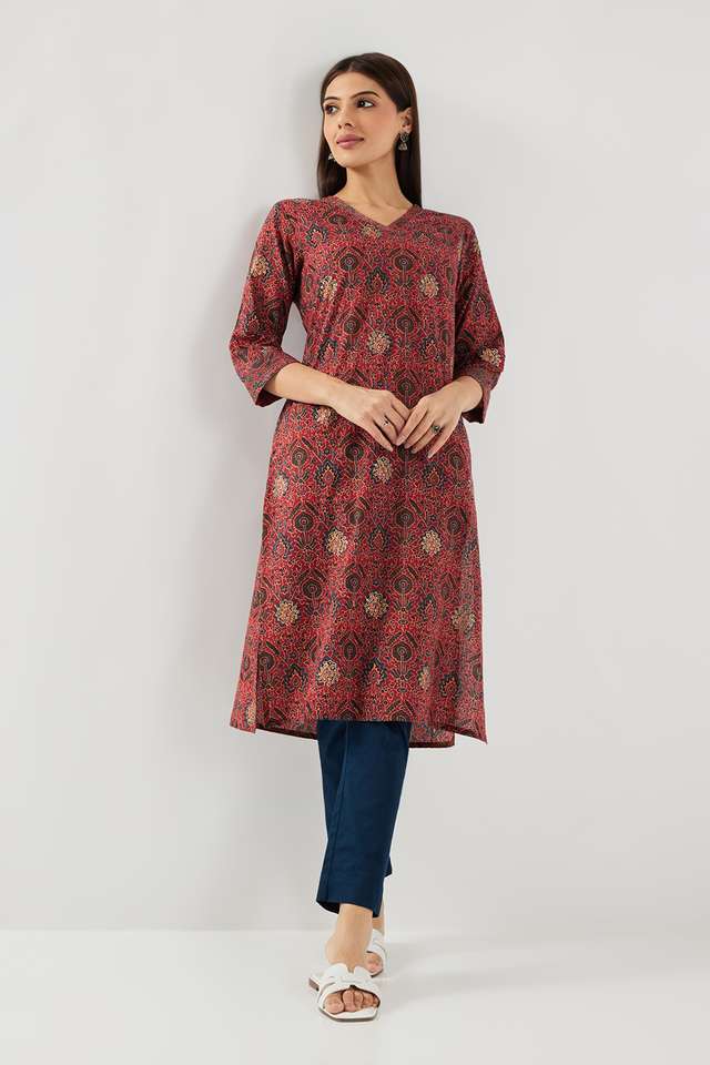 Printed-Cotton-V-Neck-Women-s-Casual-Wear-Kurta