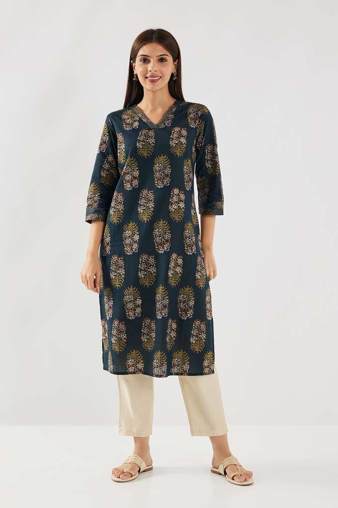 Printed-Cotton-V-Neck-Women-s-Casual-Wear-Kurta