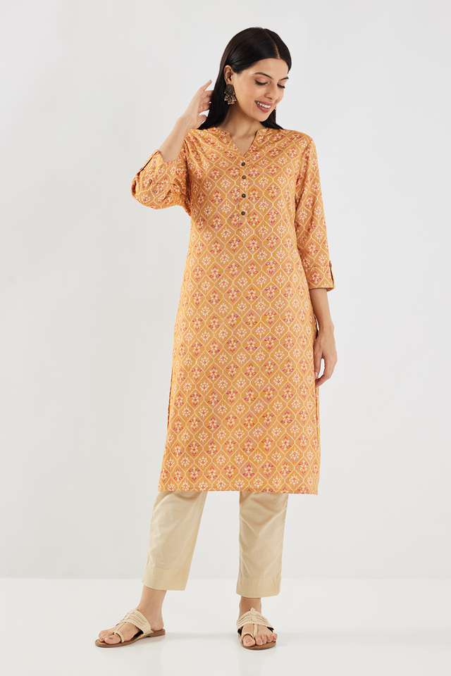 Printed-Blended-Fabric-V-Neck-Women-s-Casual-Wear-Kurta