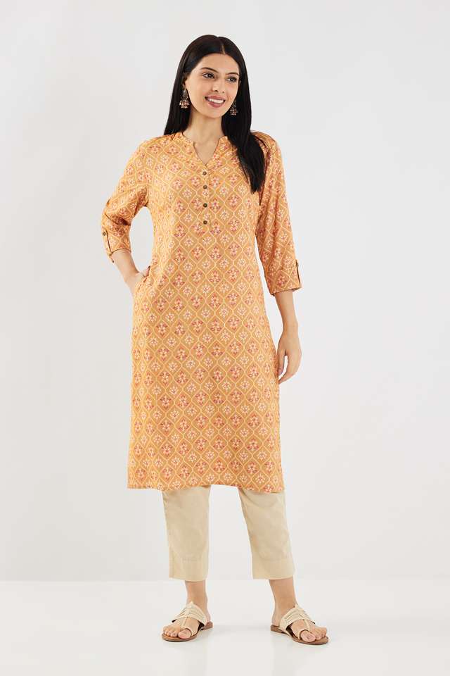 Printed-Blended-Fabric-V-Neck-Women-s-Casual-Wear-Kurta