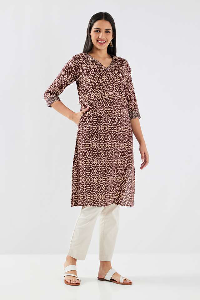Printed-Cotton-V-Neck-Women-s-Casual-Wear-Kurta