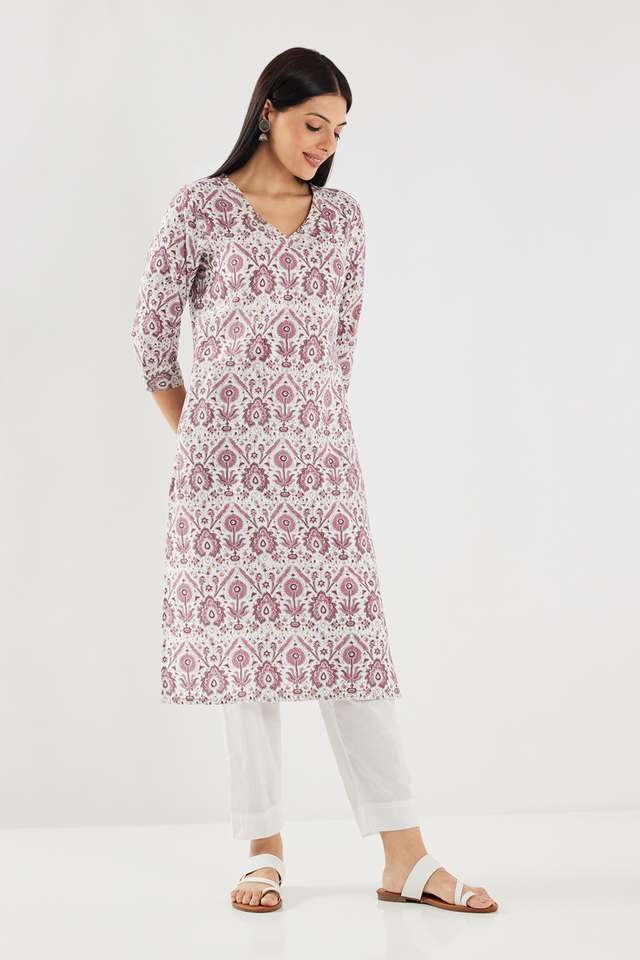 Printed-Cotton-V-Neck-Women-s-Casual-Wear-Kurta