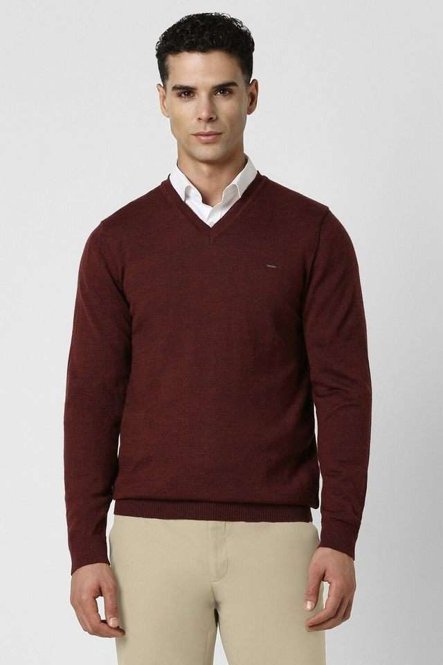 Solid-Blended-Fabric-V-Neck-Men-s-Sweater