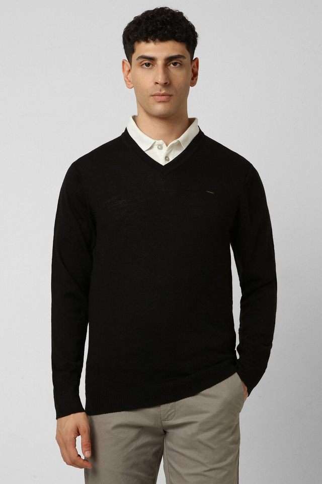 Solid-Blended-Fabric-V-Neck-Men-s-Sweater