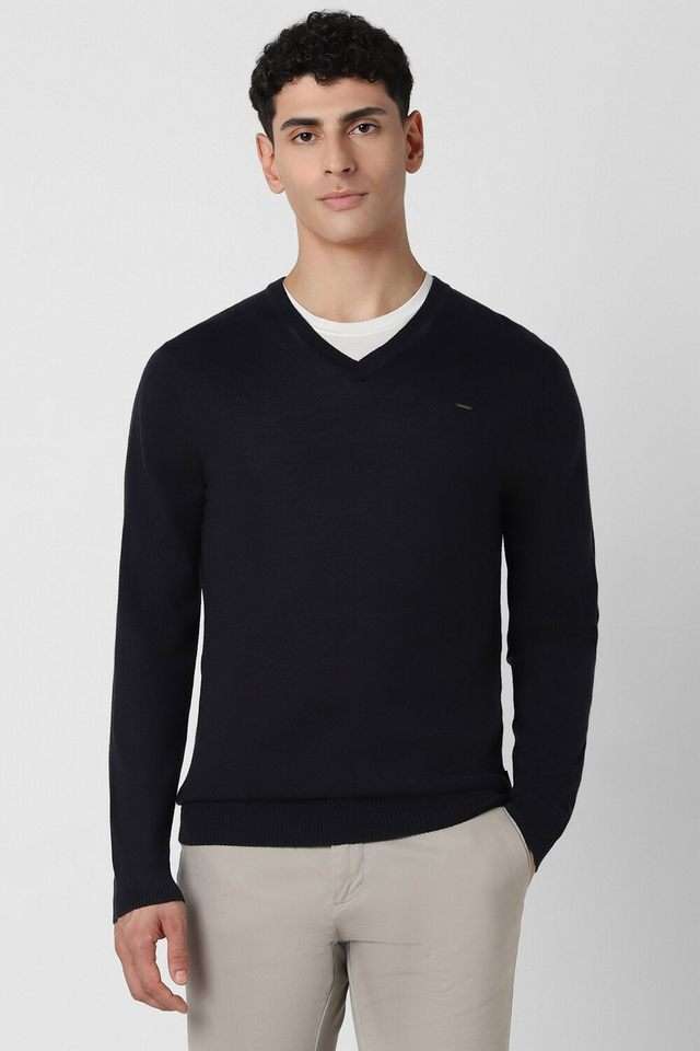 Solid-Blended-Fabric-V-Neck-Men-s-Sweater
