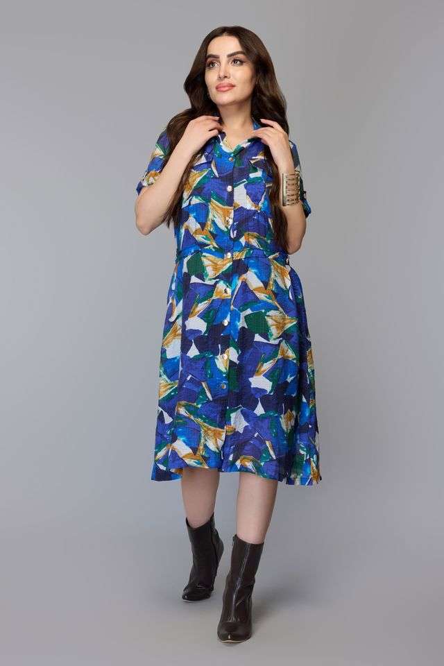 Abstract-Blended-Fabric-Collared-Women-s-Dress