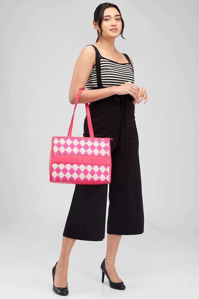 Checker-Faux-Leather-Zipper-Closure-Women-s-Tote-Bag