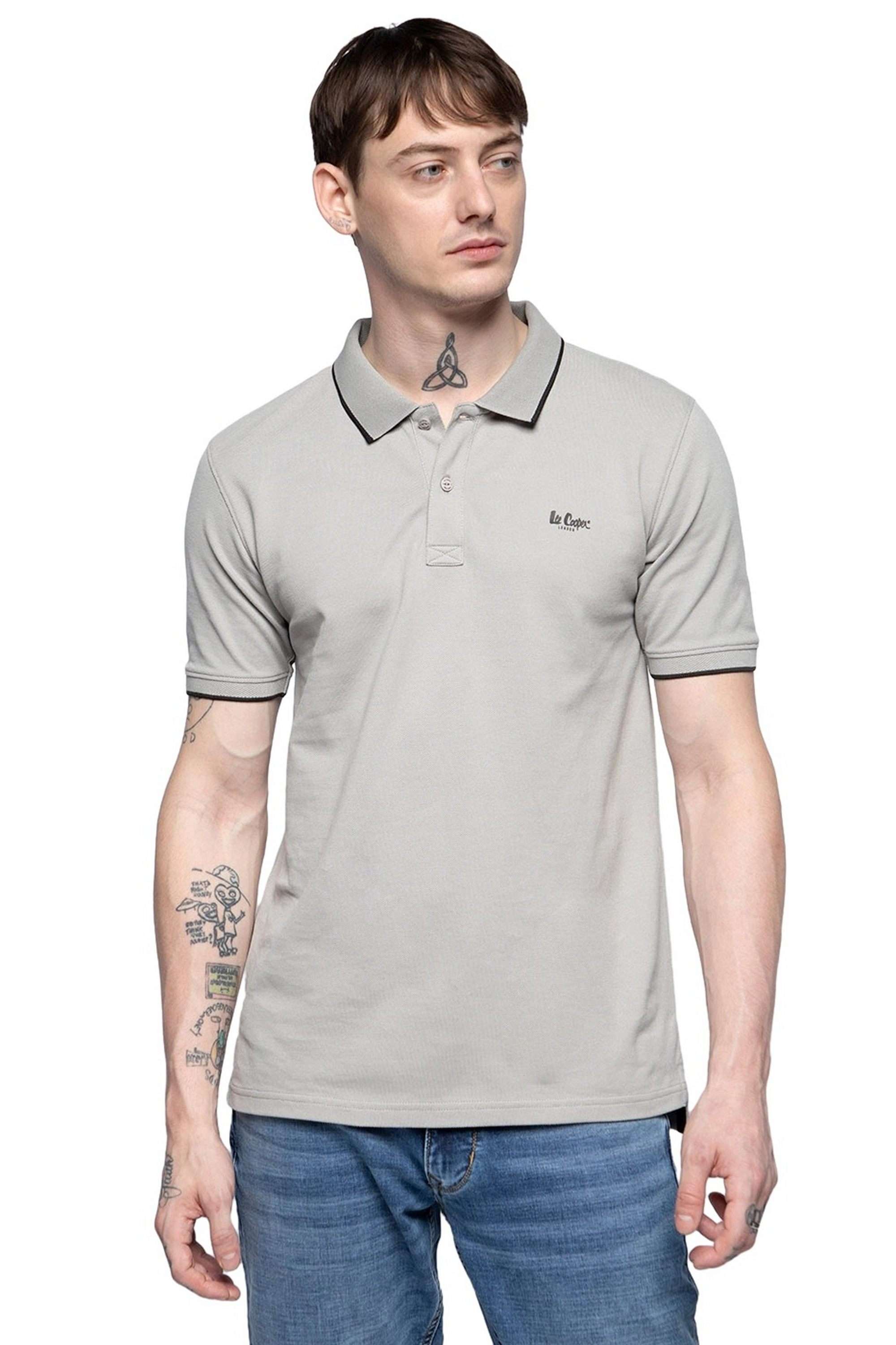 Buy Lee Cooper Grey Solid Cotton Regular Fit Men Polo T-Shirt