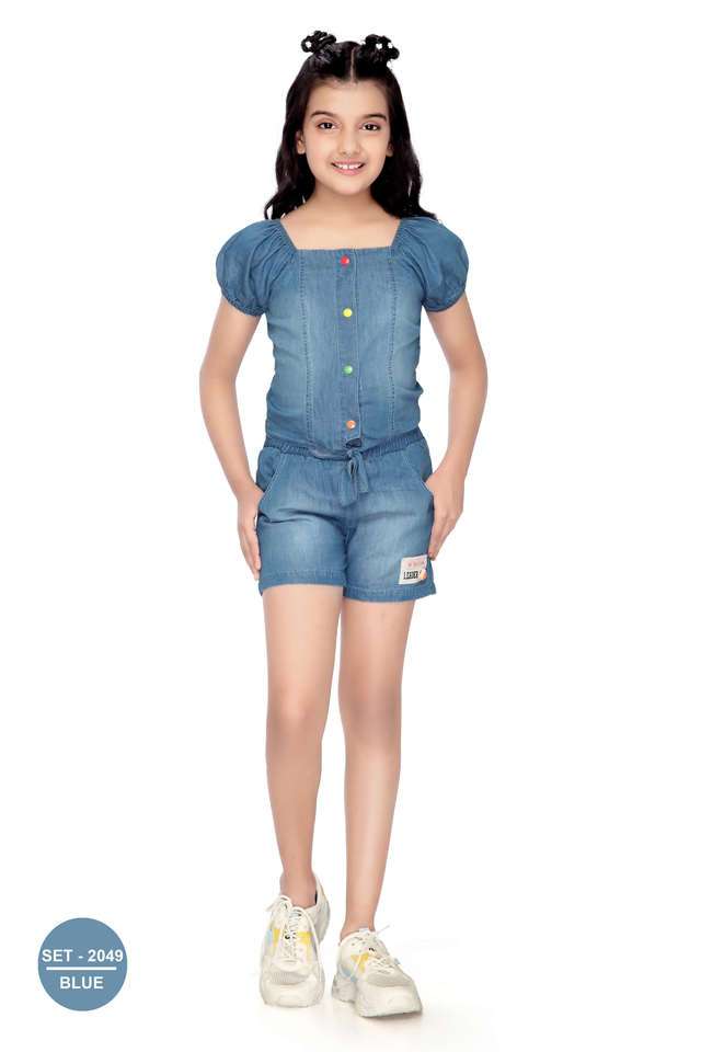 Solid-Denim-Mid-Thigh-Girls-Co-Ord-Set