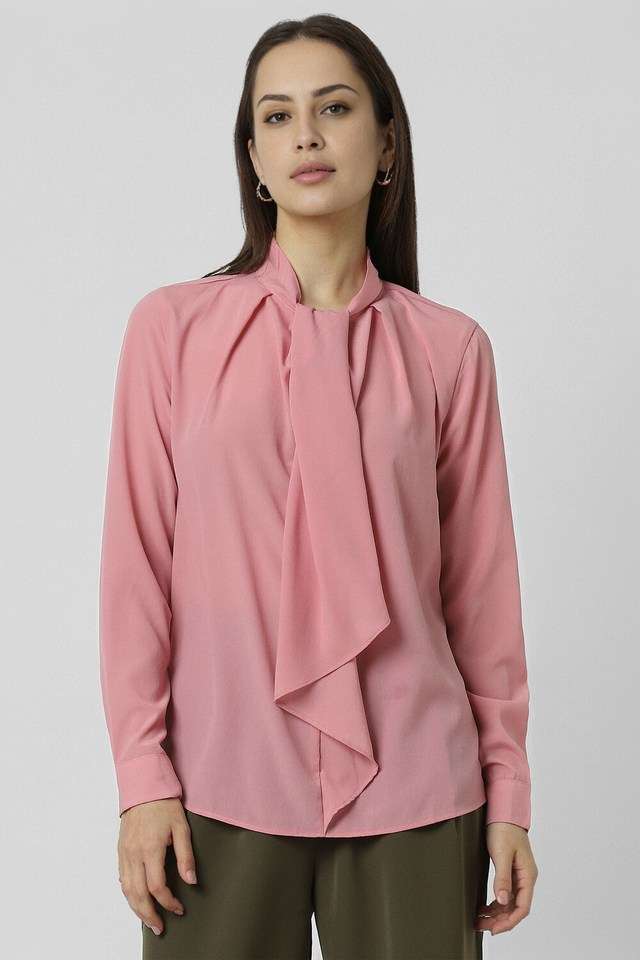 Solid-Polyester-Collared-Women-s-Top