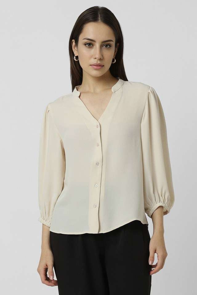 Solid-Polyester-Round-Neck-Women-s-Top