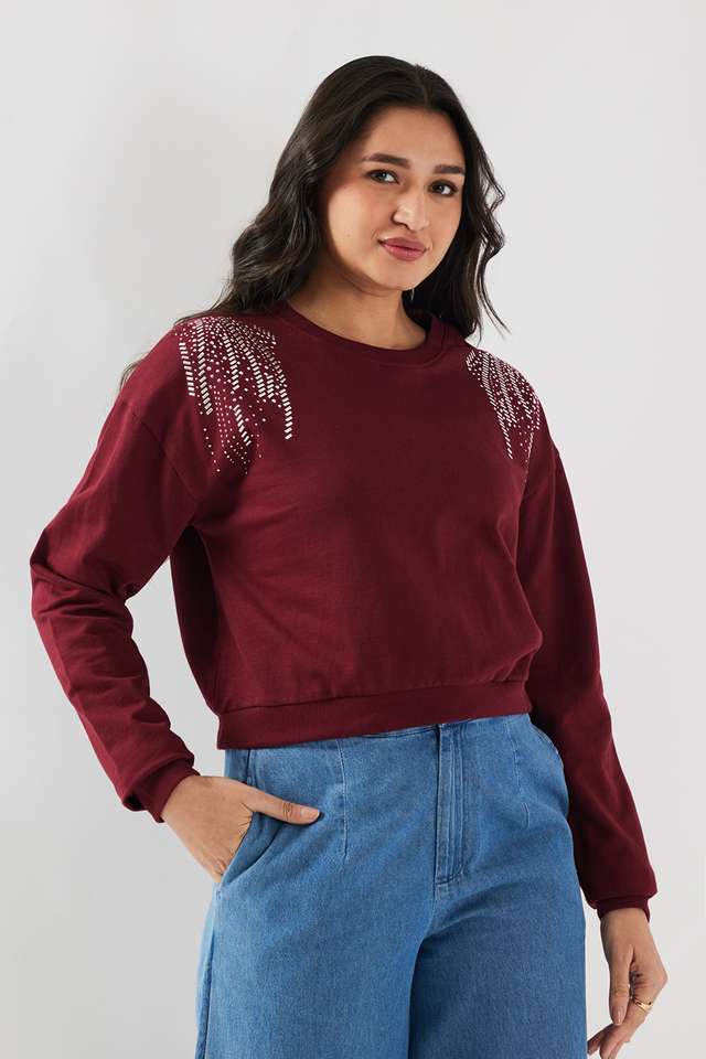 Embellished Round Neck Cotton Women Sweatshirt