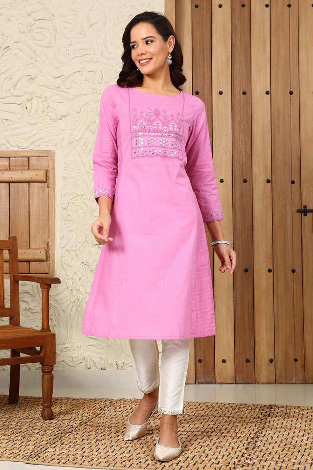 Solid-Cotton-Round-Neck-Women-s-Kurta