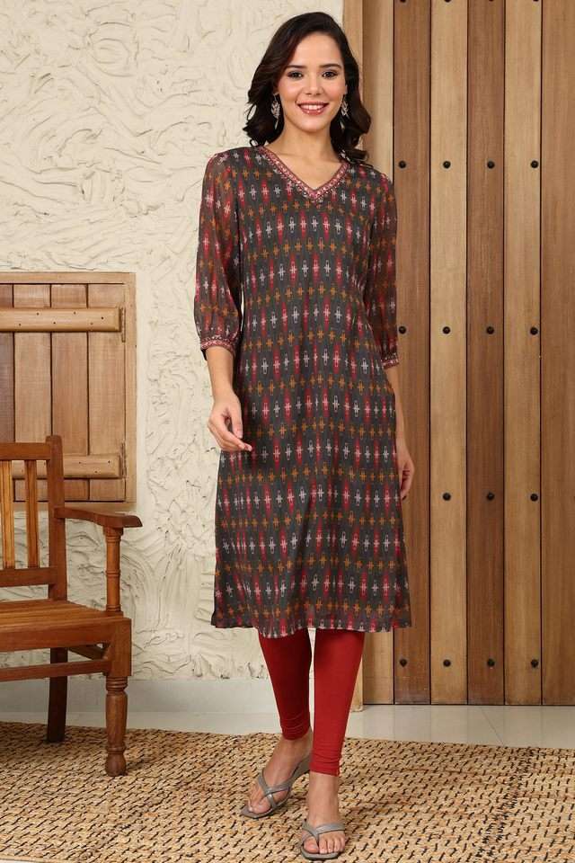 Geometric-Print-Polyester-V-Neck-Women-s-Casual-Wear-Kurta