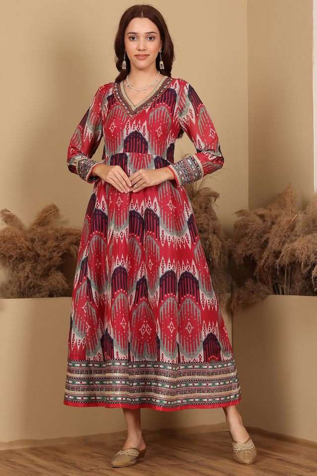 Printed-Polyester-V-Neck-Women-s-Flared-Ethnic-Dress