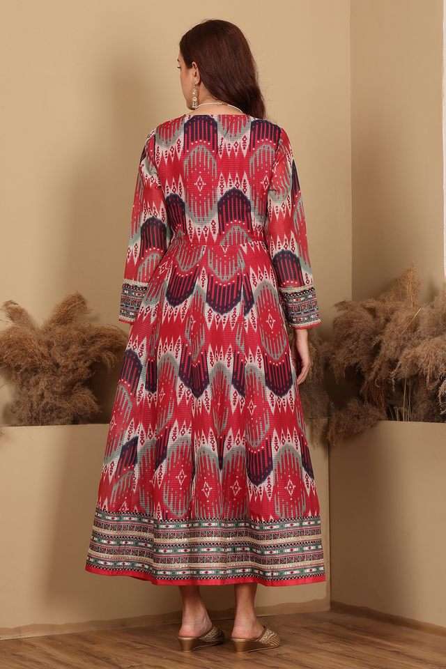 Printed-Polyester-V-Neck-Women-s-Flared-Ethnic-Dress