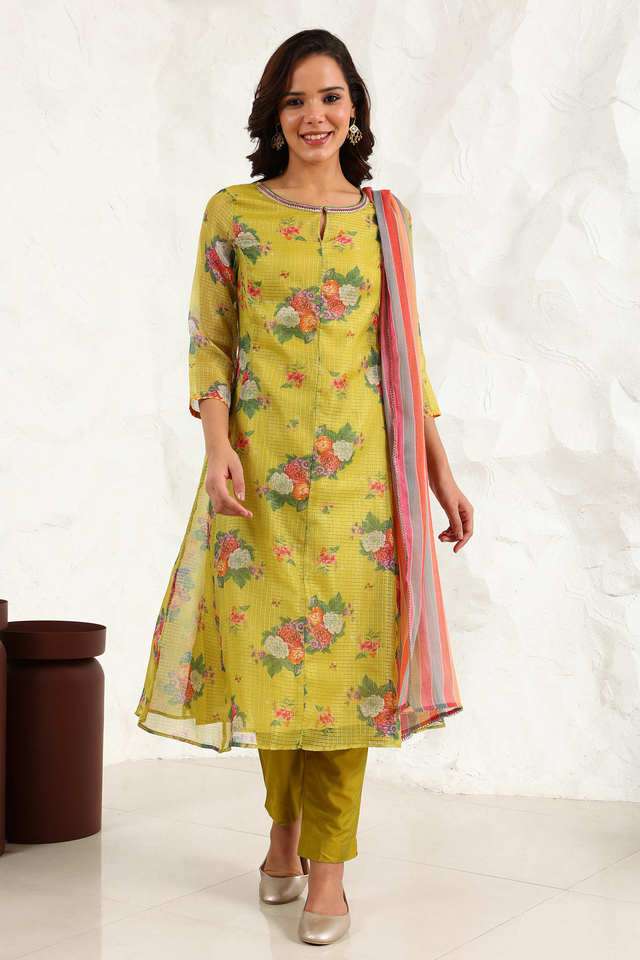 Floral-Polyester-Round-Neck-Women-s-Kurta-Set