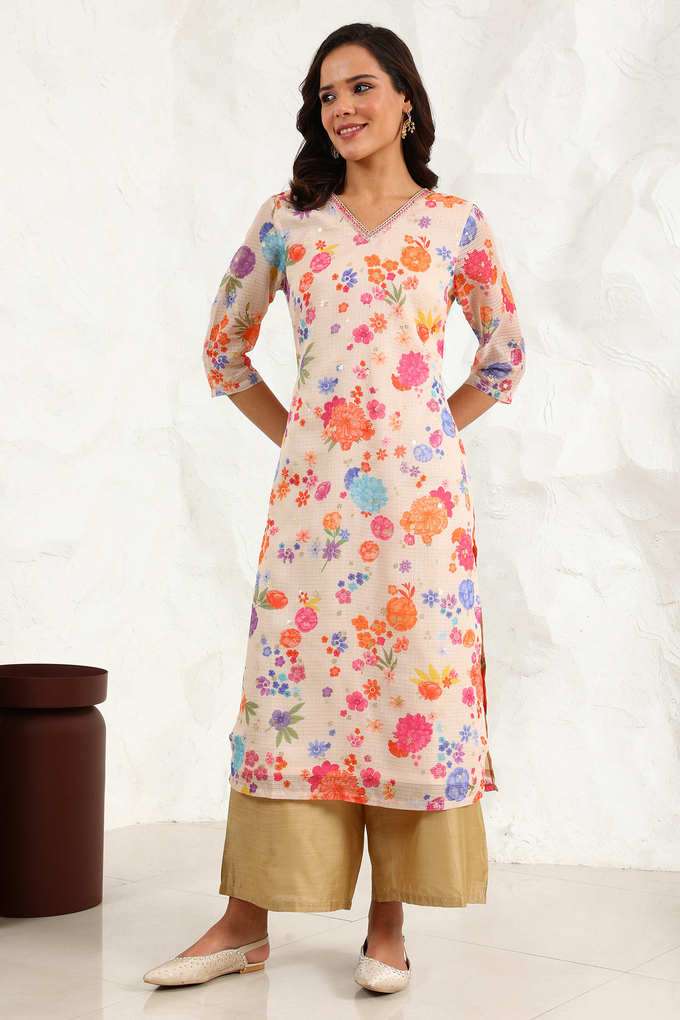 Floral-Polyester-V-Neck-Women-s-Kurta