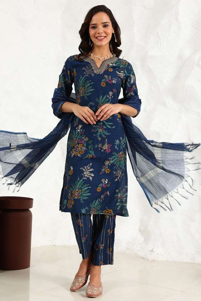 Floral-Viscose-Round-Neck-Women-s-Kurta-Set