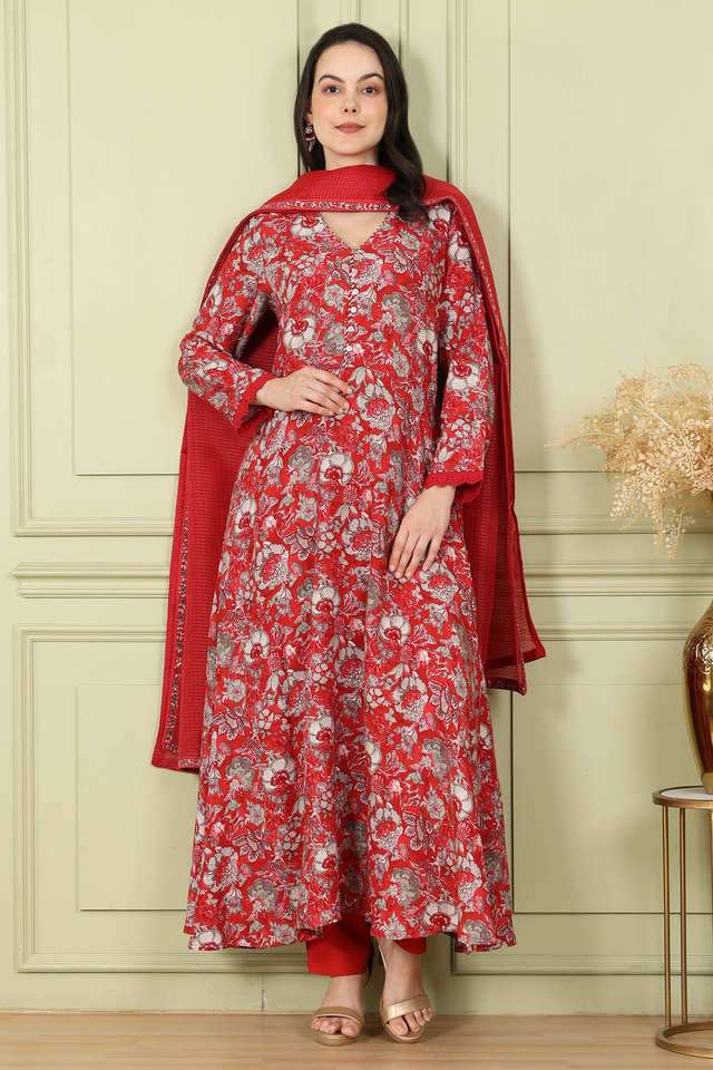 Floral-Viscose-V-Neck-Women-s-Kurta-Set