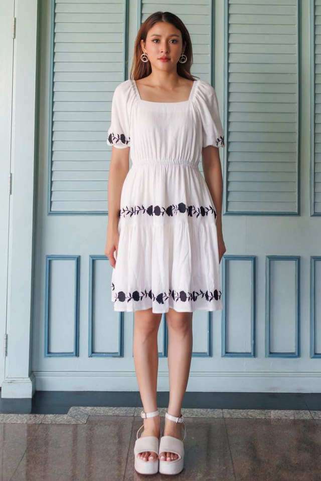 Embroidered-Square-Neck-Rayon-Women-s-Knee-Length-Dress