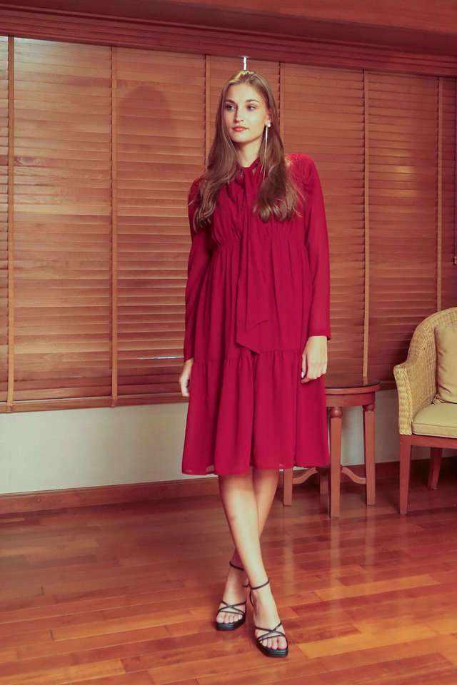 zink london Solid Tie Up Neck? Polyester Women's Calf Length Dress-picture-29