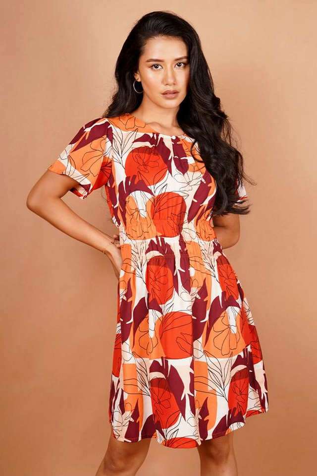 Floral-Round-Neck-Polyester-Women-s-Knee-Length-Dress