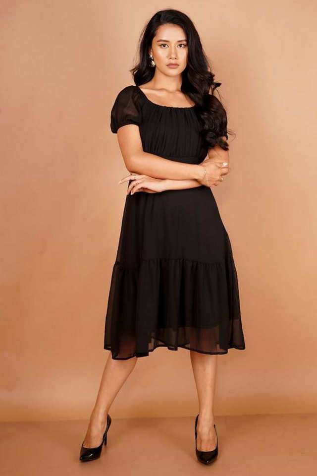zink london Solid Square Neck Polyester Women's Calf Length Dress-picture-21