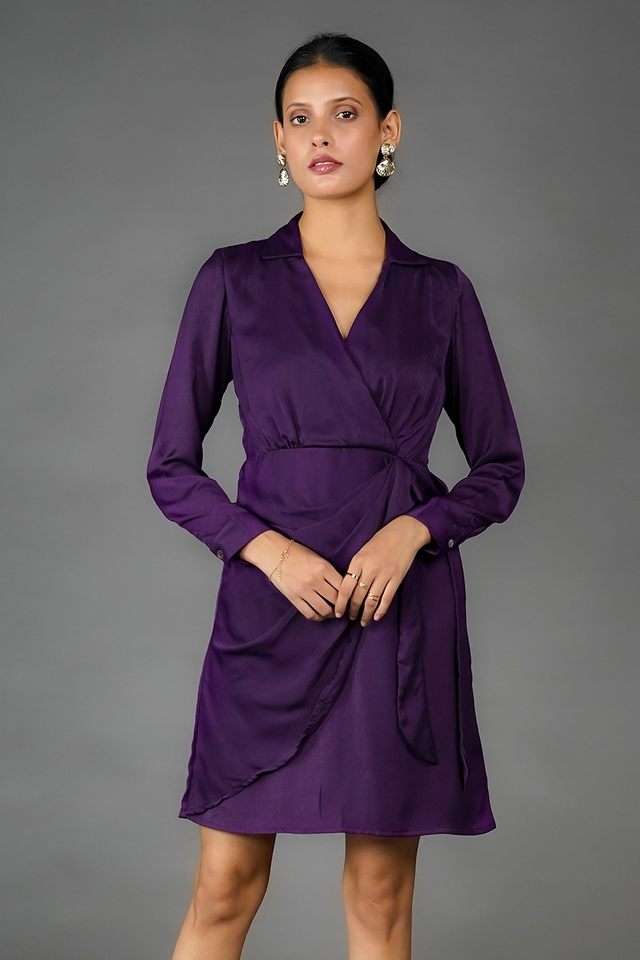 Solid-Polyester-Collared-Women-s-Knee-Length-Dress