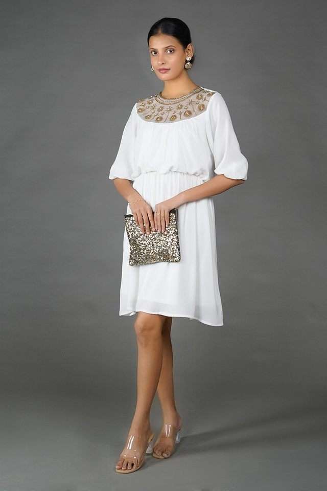 zink london Embroidered Polyester Round Neck Women's Knee Length Dress-picture-20