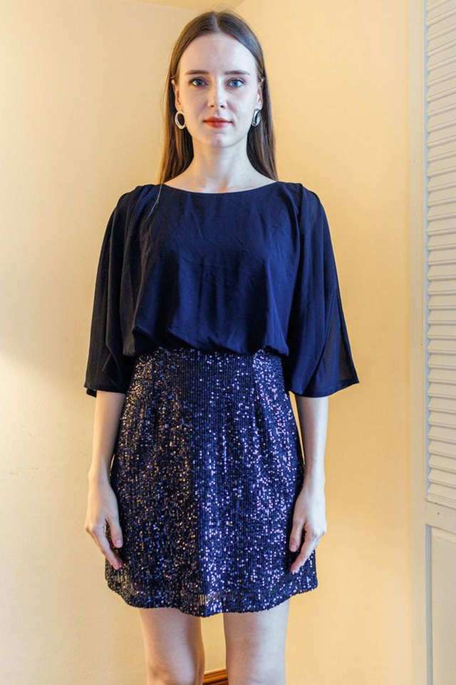 Sequinned-Round-Neck-Polyester-Women-s-Knee-Length-Dress