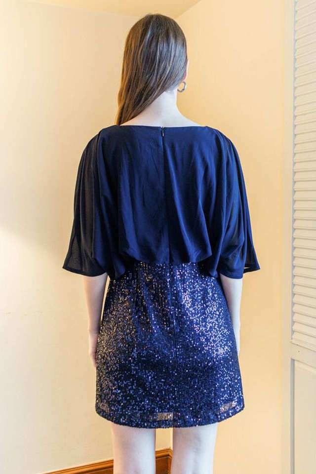 Sequinned-Round-Neck-Polyester-Women-s-Knee-Length-Dress