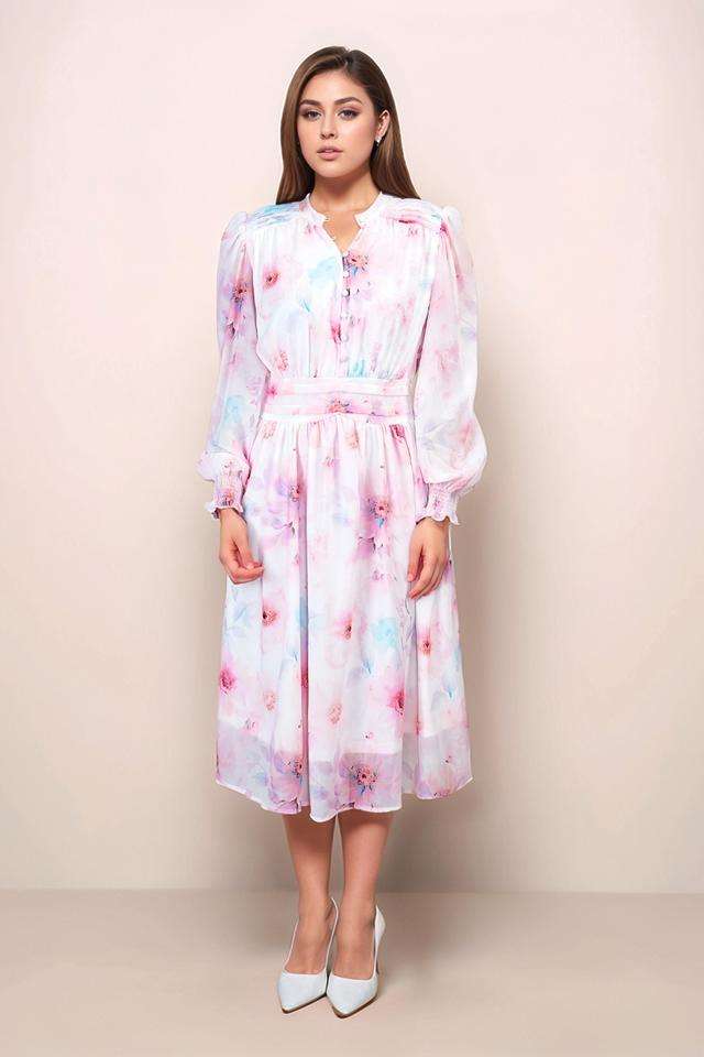 Floral-Polyester-V-Neck-Women-s-Midi-Dress