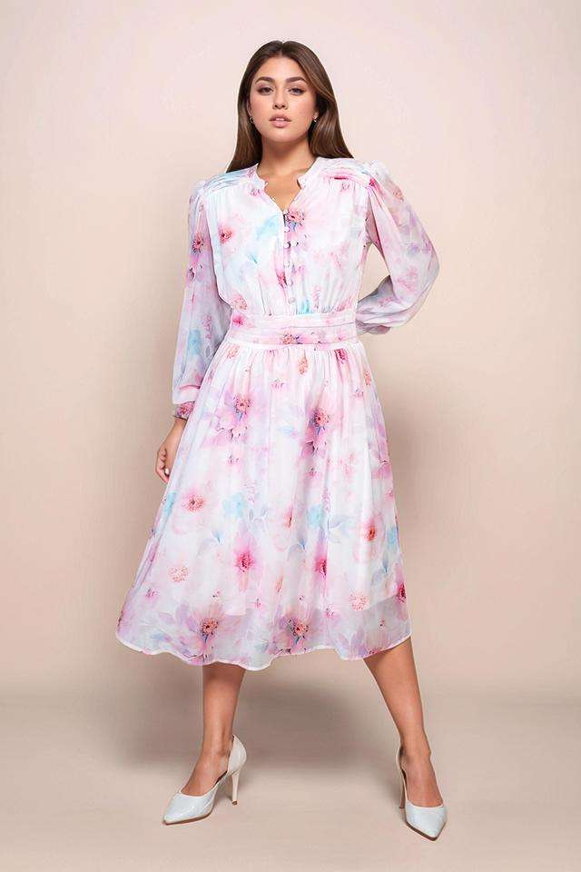 Buy Zink London White Floral Polyester V-Neck Women's Midi Dress