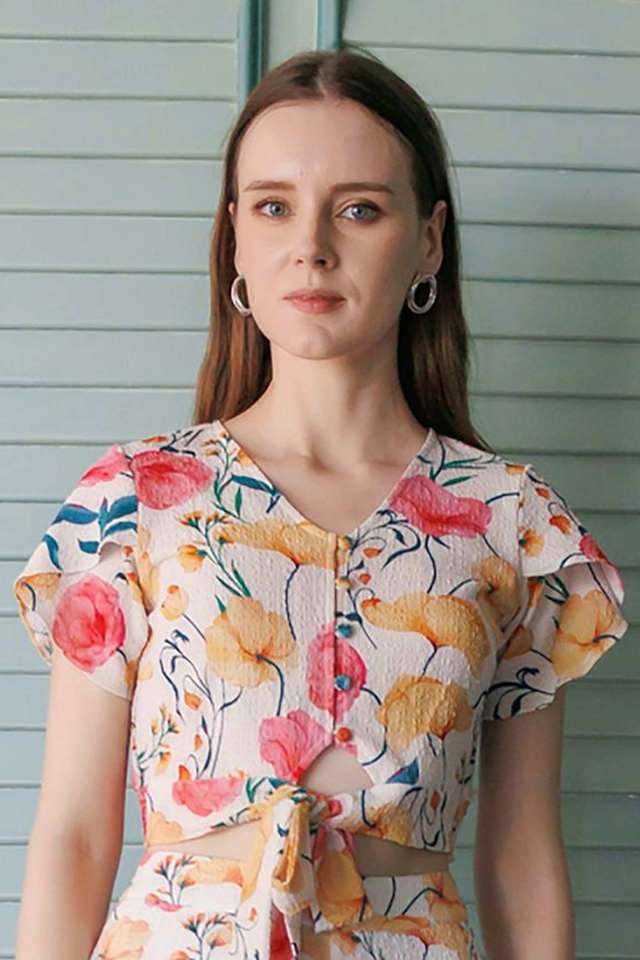 Printed-Blended-Fabric-V-Neck-Women-s-Top