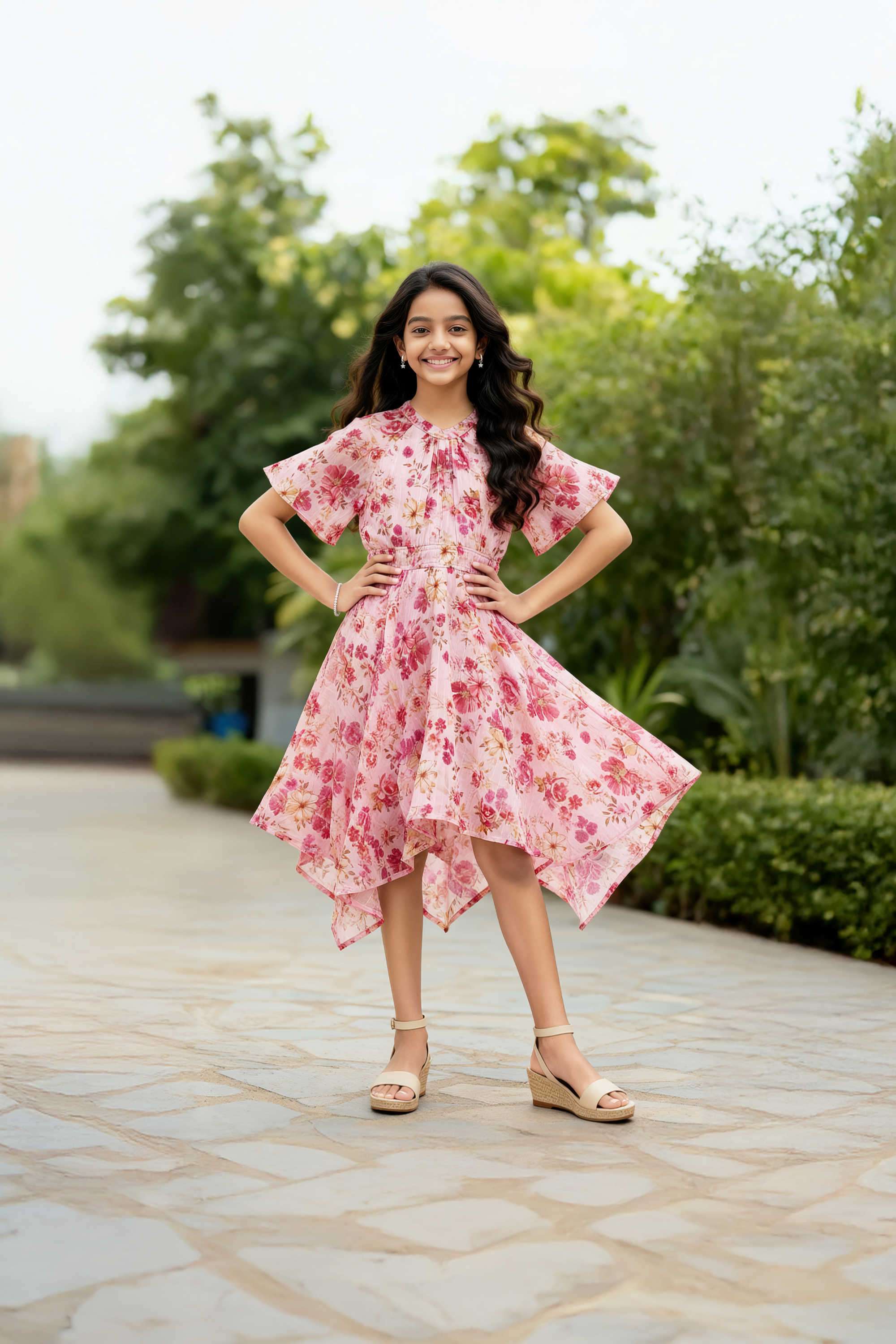 Printed-Polyester-Round-Neck-Girls-Casual-Wear-Dress