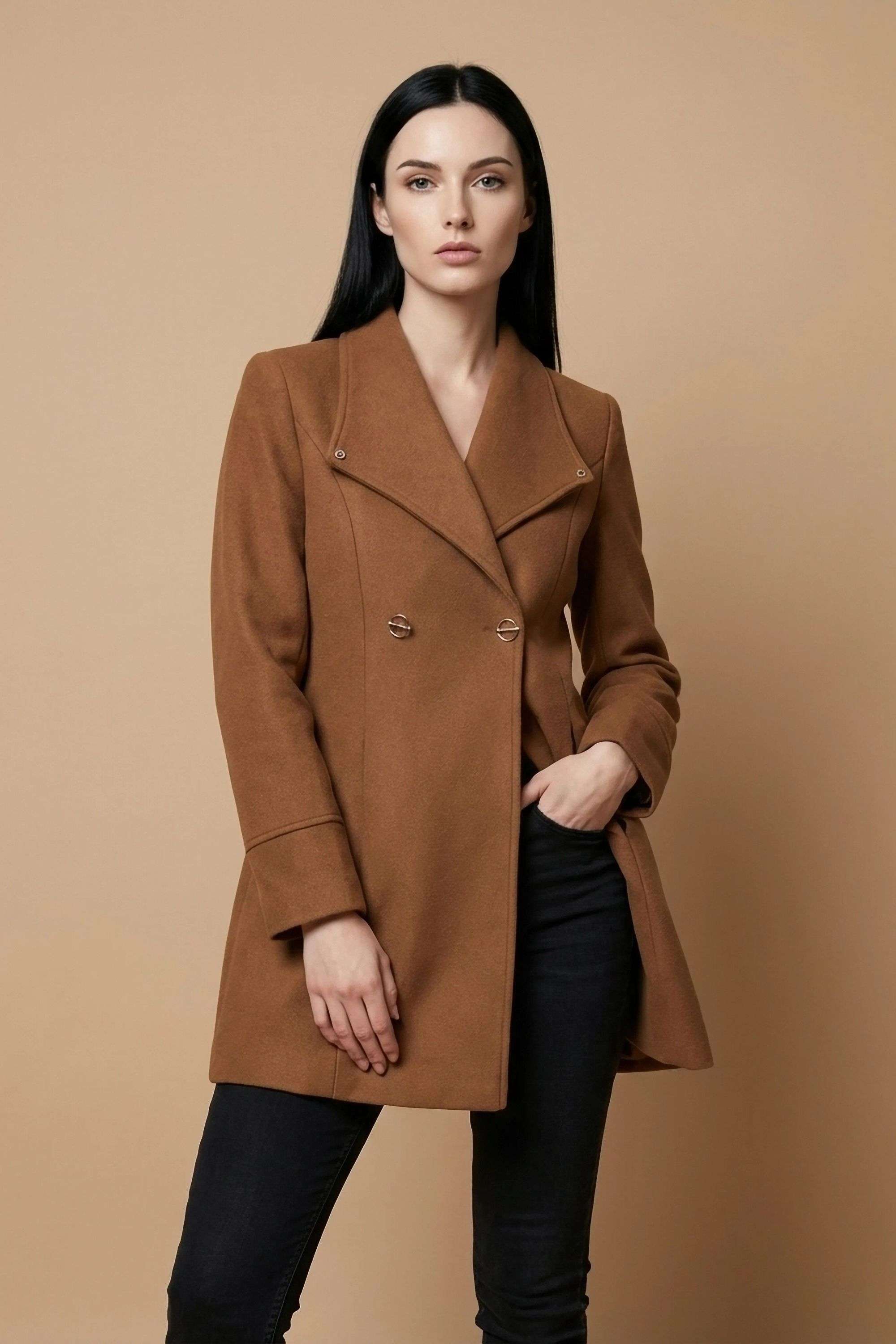 Solid-Collared-Blended-Fabric-Women-s-Casual-Wear-Coat