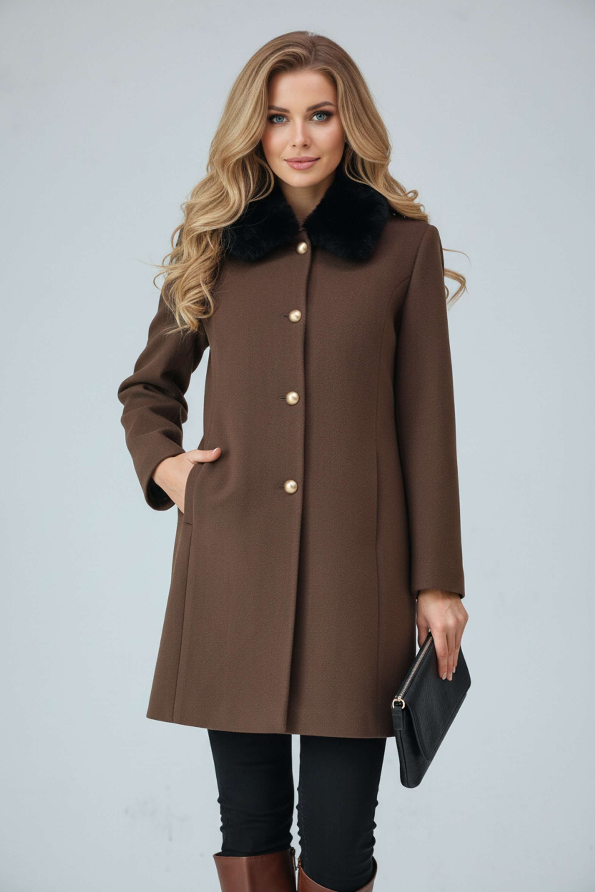 Solid-Collared-Blended-Fabric-Women-s-Coat